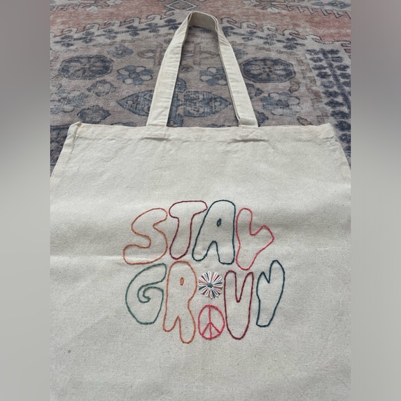 Hand Embroidered Multicolor Stay Groovy 70s Tan Canvas On The Go Tote Bag - Picture 2 of 5